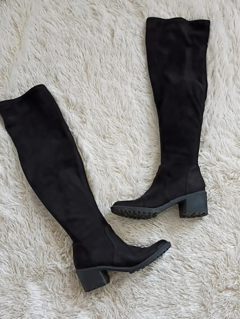 Black Thigh-High Suede Block Heel Boots!